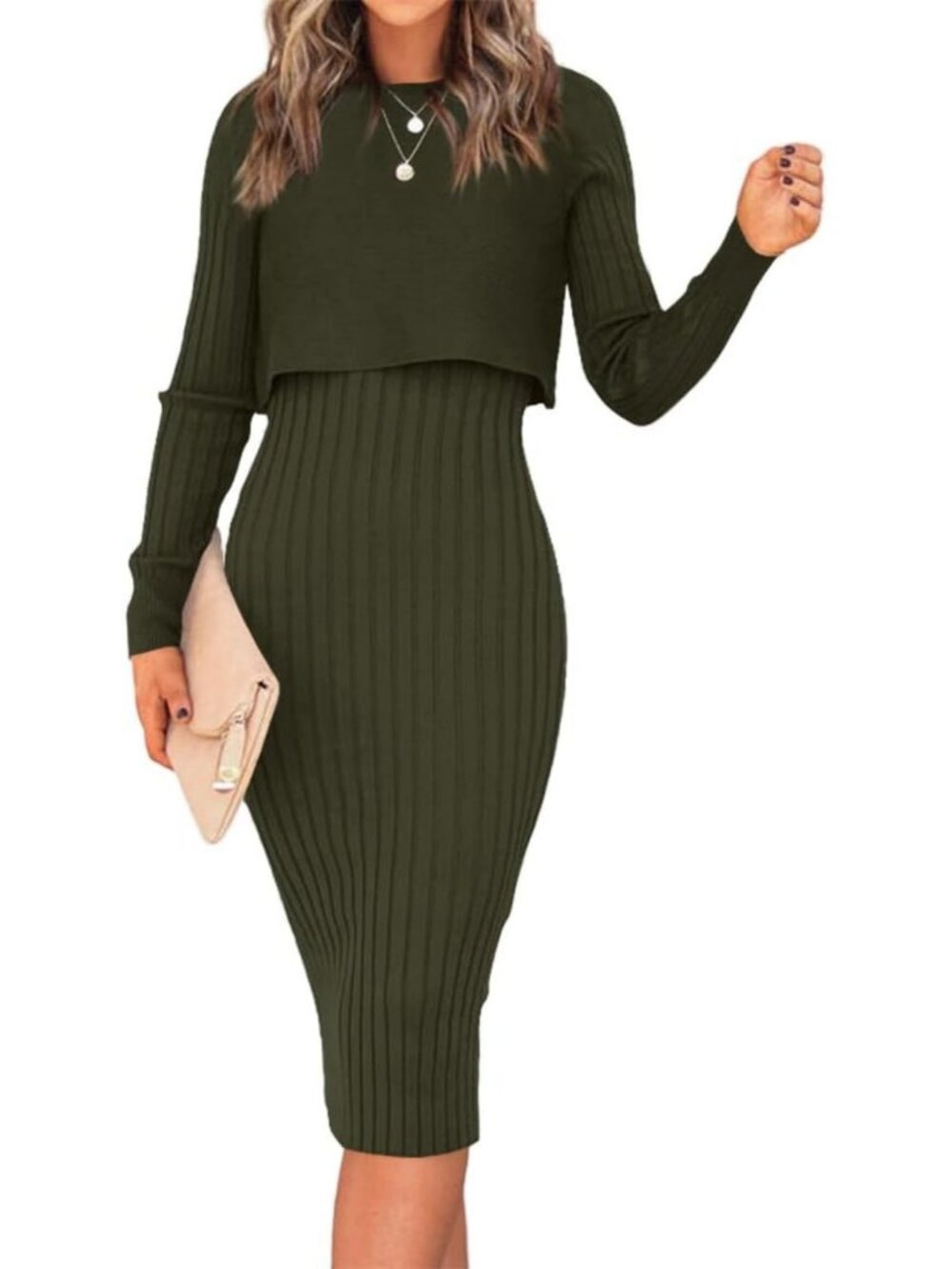 Chic Women's 2-Piece Sweater Dress Set | Long Sleeve Ribbed Knit Crop Top & Midi